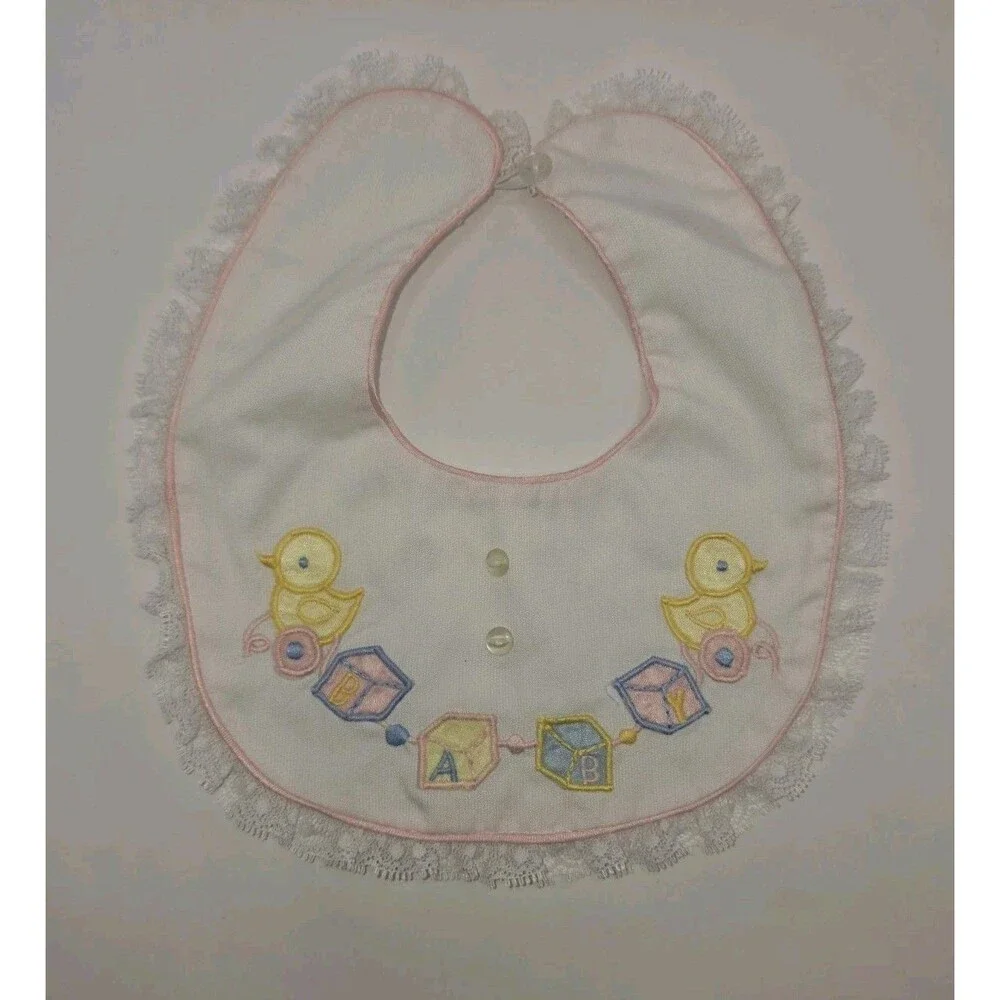 Vintage Baby Girl Bib Embroidered Ducks Blocks Button Closure 3-6 Months